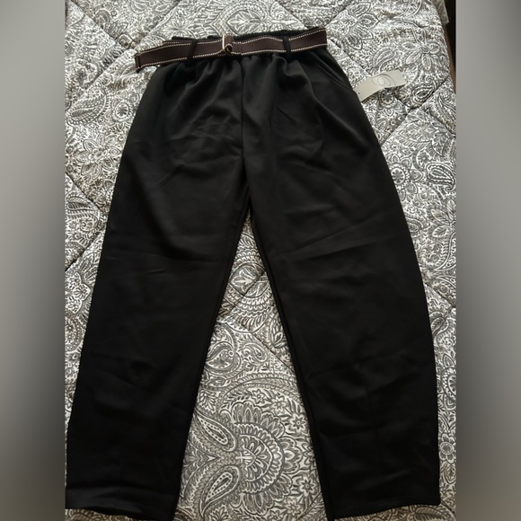 Pants - Sweetissima Italian Black Work Pants Belted Stretch Waist Tailored Trousers NWT